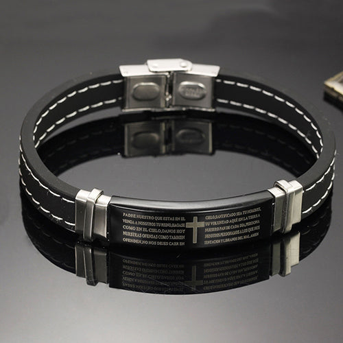 Bible Cross Charm Titanium Steel Silicone Bracelet Bangle for Men Jewelry