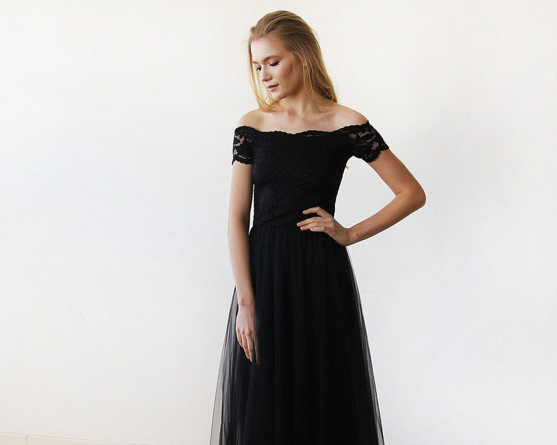 Black Lace Off-the-Shoulder Short Sleeve Tulle Maxi Dress 1139