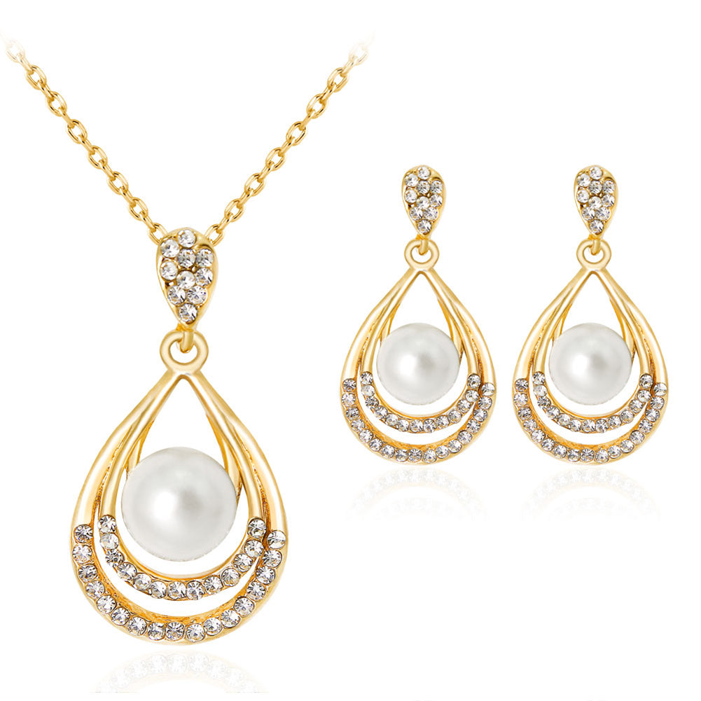 Fashion Faux Pearl Rhinestone Waterdrop Pendant Necklace Earrings Jewelry Set