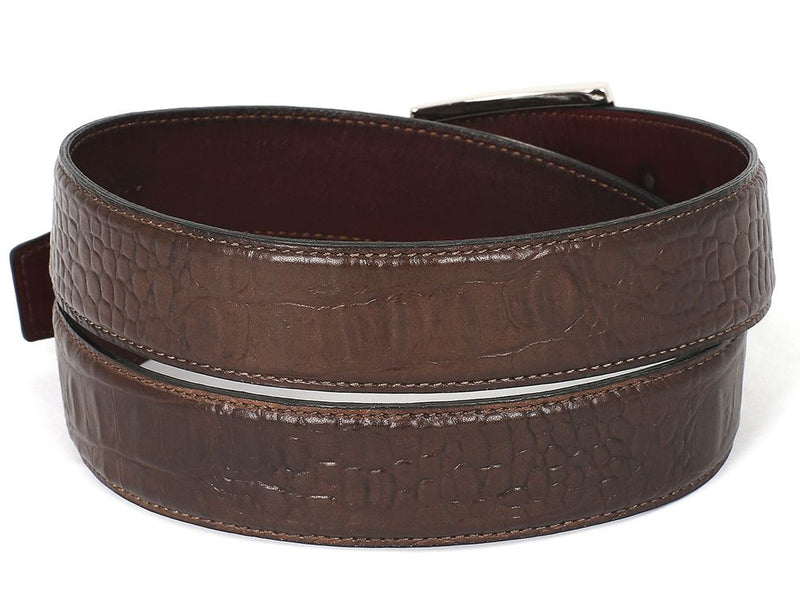 PAUL PARKMAN Men's Crocodile Embossed Calfskin Leather Belt Hand-Painted Brown (ID#B02-BRW)