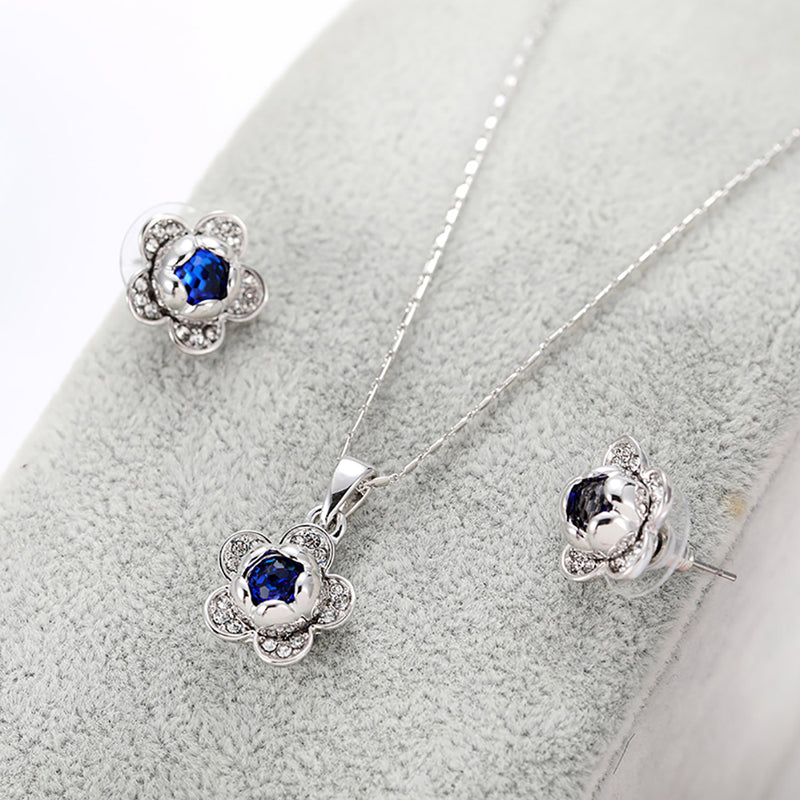 Fashion Flower Rhinestones Alloy Necklace Stud Earrings Women Jewelry Set Gift
