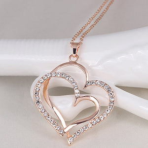 Women's Romantic Double Love Heart Rhinestone Choker Chain Necklace Jewelry Gift