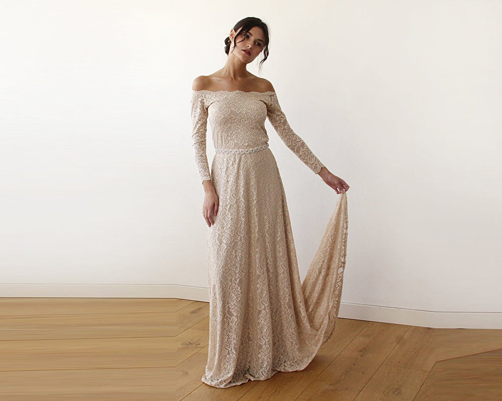 Champagne Off-The-Shoulder Floral Lace Long Sleeve Gown With Train 1148