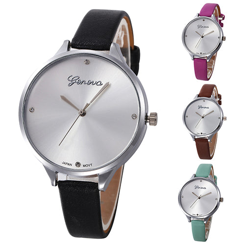Women's Fashion Thin Faux Leather Strap Big Round Dial Geneva Quartz Wrist Watch