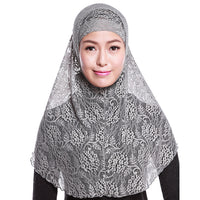 Moslem Islamic Women Full Cover Floral Lace Neck Head Hijab Wrap Cap + Scarf Set