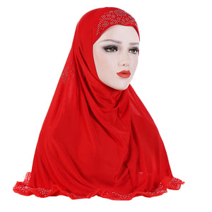 Solid Color Rhinestones Lace Women's Muslim Turban Hijab Head Wrap Headscarf