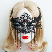 Women Rhinestone Tassels Black Hollow Out Lace Masquerade Mask Halloween Ball