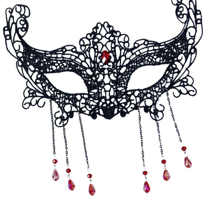 Women Rhinestone Tassels Black Hollow Out Lace Masquerade Mask Halloween Ball