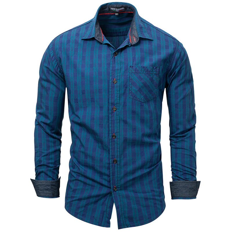 Fashion Casual Men's Plaid Turn-down Collar Long Sleeve Button Cotton Shirt Top