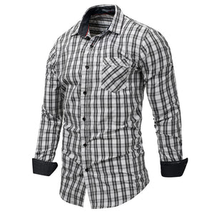 Fashion Casual Men's Plaid Turn-down Collar Long Sleeve Button Cotton Shirt Top