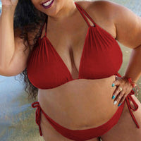 Plus Size Two-piece Women Swimsuit Solid Color Summer Halter Bandage Bikini Set