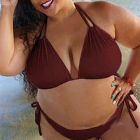 Plus Size Two-piece Women Swimsuit Solid Color Summer Halter Bandage Bikini Set