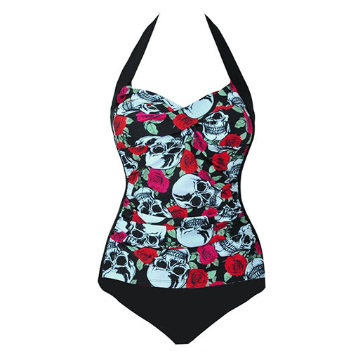 Women Monokini Gothic Skull Beachwear Halter Backless Push Up One Piece Swimwear