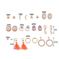 12 Pairs Vintage Women Moon Triangle Fringed Plush Rhinestone Inlay Earrings Set