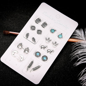 10 Pairs Women Rhinestone Crown Elephant Owl Leaf Ear Studs Earrings Jewelry