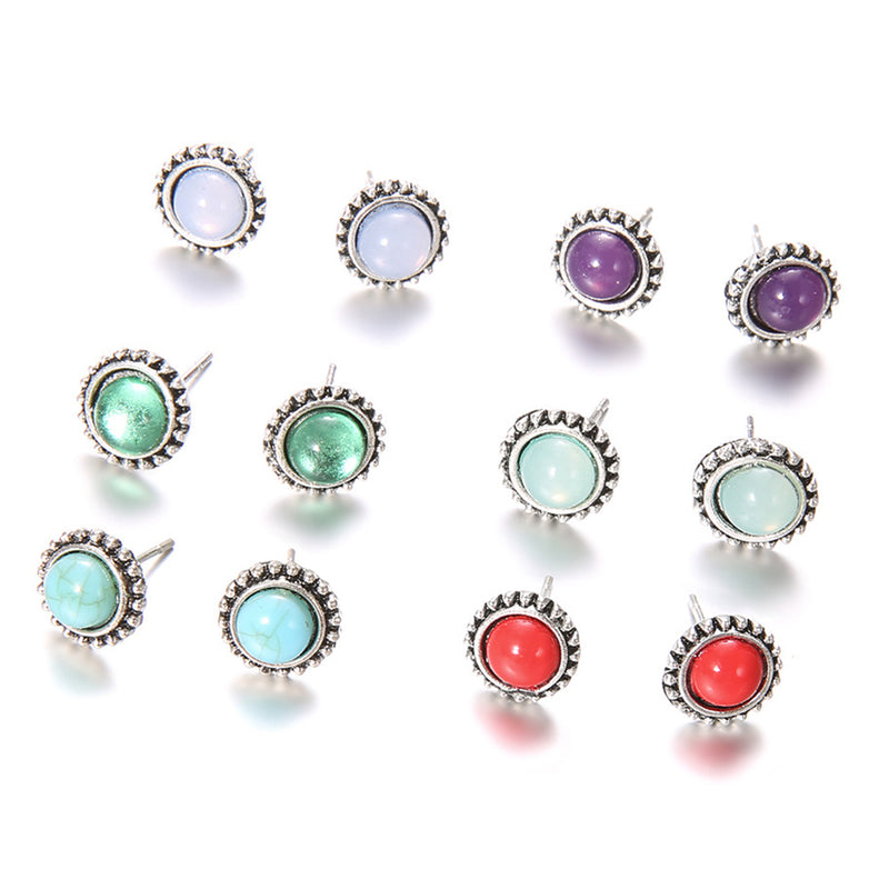 6 Pair Women Vintage Faux Gemstone Round Ear Stud Earrings Party Jewelry Gift