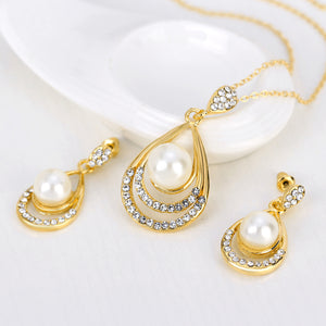 Fashion Faux Pearl Rhinestone Waterdrop Pendant Necklace Earrings Jewelry Set