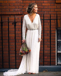 Ivory Wrap Floral Lace Long Sleeve Gown with a Train  1151
