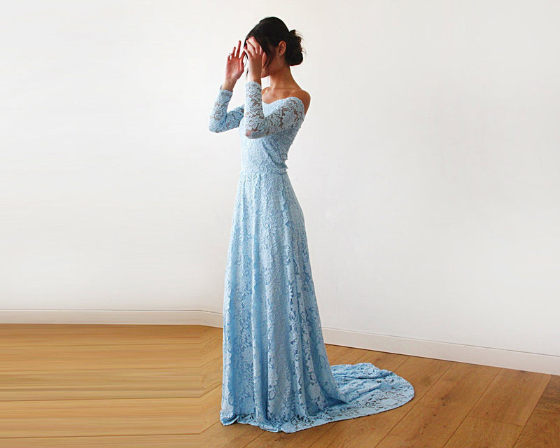 Light Blue Off-The-Shoulder Floral Lace Long Sleeve Gown With Train 1148