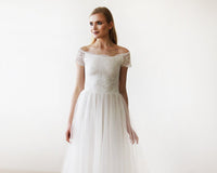 Ivory Off-The-Shoulder Short Sleeves Lace Maxi Tulle Gown 1139