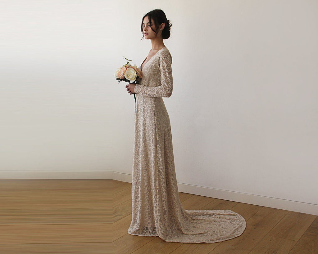 Champagne Wrap Floral Lace Long Sleeve Gown with a Train 1151