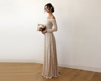 Champagne Off-The-Shoulder Floral Lace Long Sleeve Maxi Dress 1119