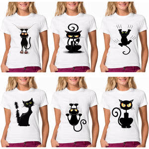 Funny Black Cat Women Short Sleeve Crew Neck Casual Summer T-shirt Top Tees