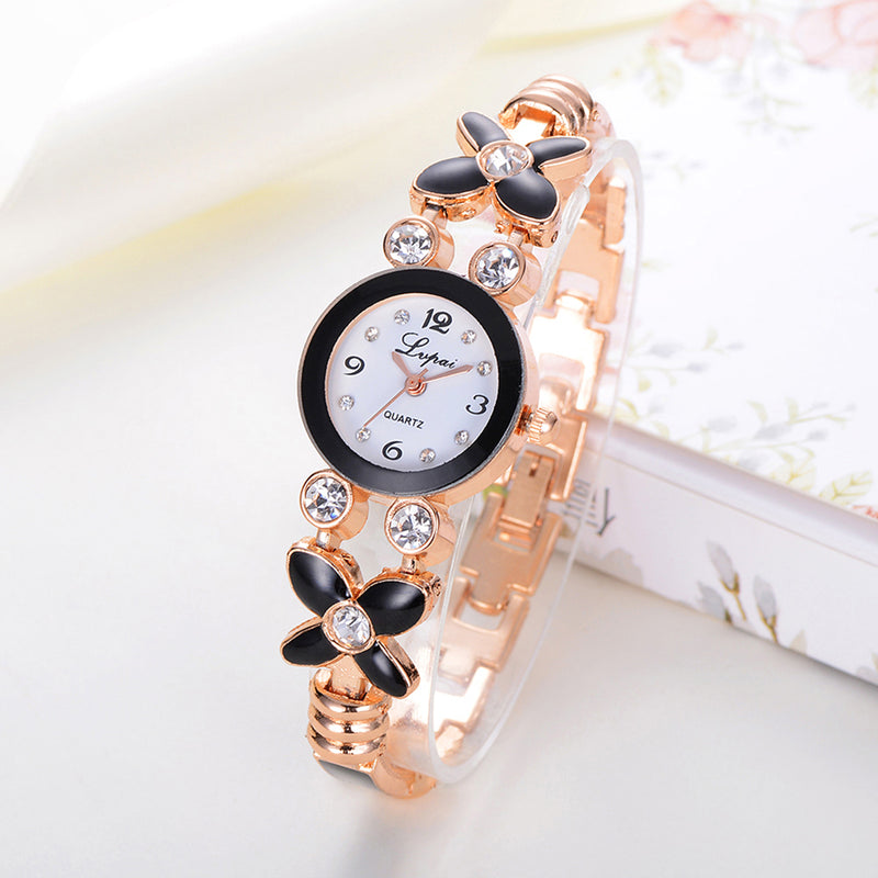 Fashion Women's Flower Rhinestone Bracelet Bangle Analog Quartz Wrist Watch