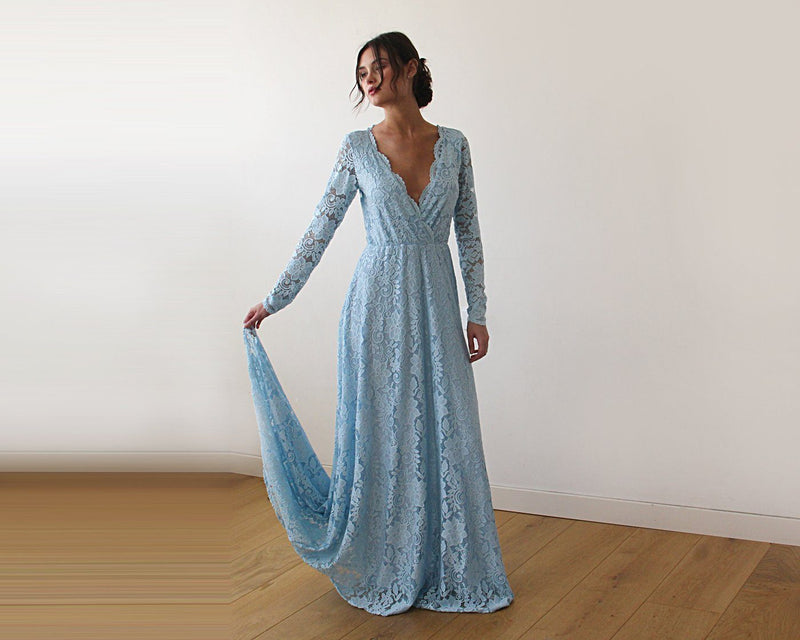 Light Blue  Wrap Floral Lace Long Sleeve Gown with a Train 1151