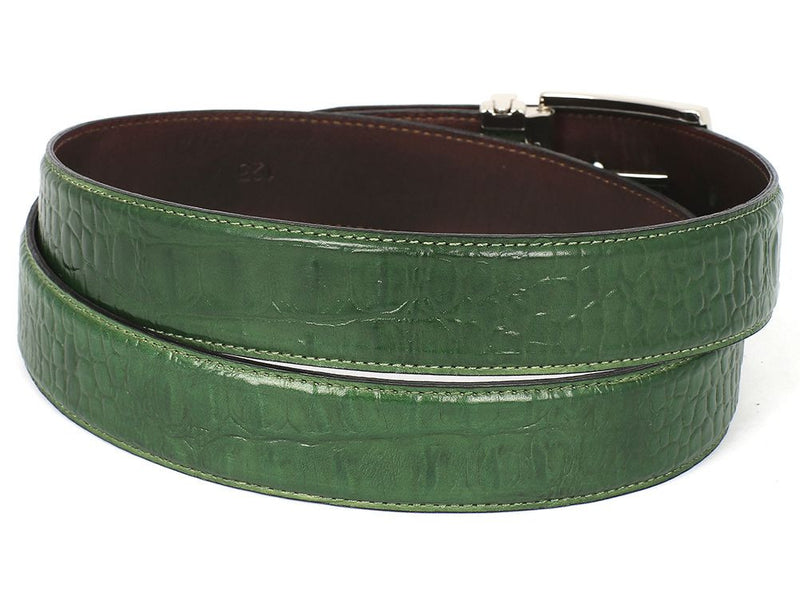 PAUL PARKMAN Men's Crocodile Embossed Calfskin Leather Belt Hand-Painted Green (ID#B02-GRN)