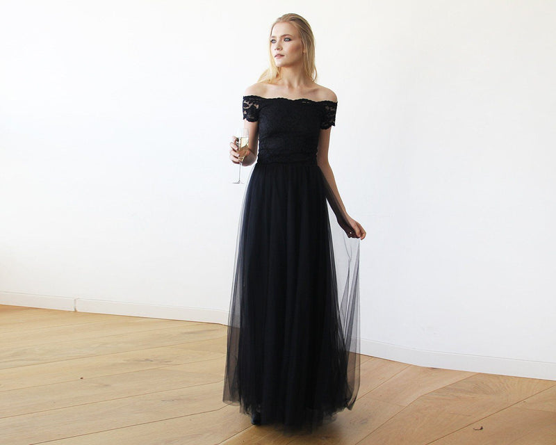 Black Lace Off-the-Shoulder Short Sleeve Tulle Maxi Dress 1139