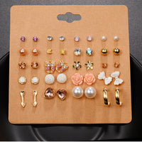 20 Pairs Lady Fashion Rhinestone Faux Pearl Heart Flower Shape Ear Stud Earrings
