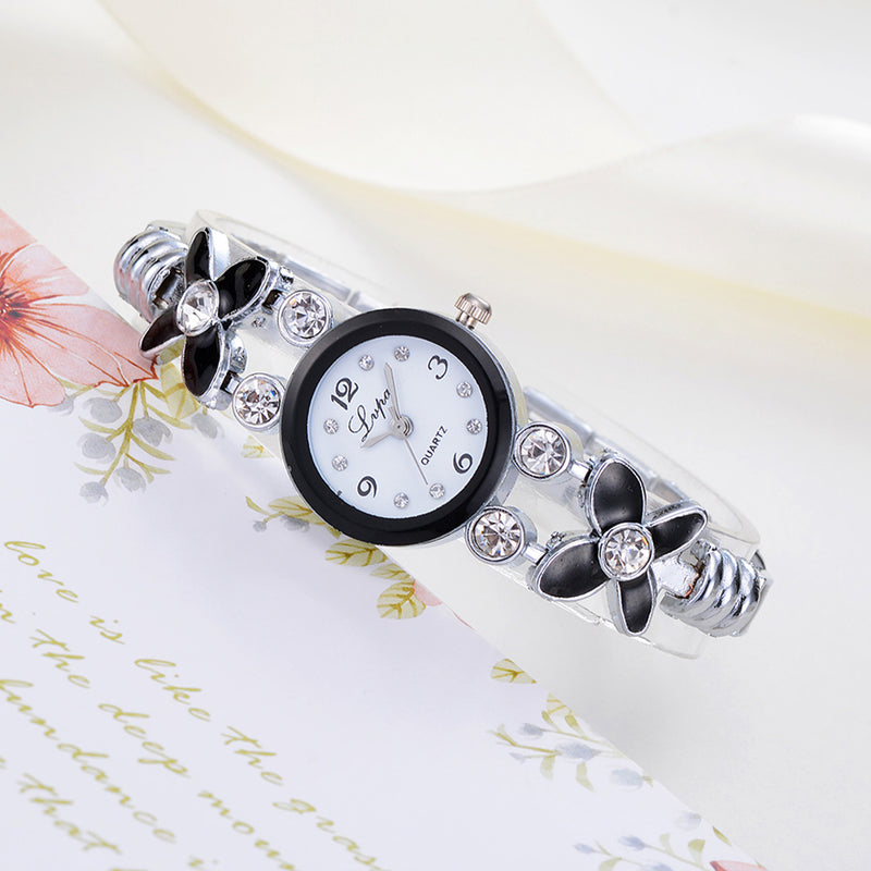 Fashion Women's Flower Rhinestone Bracelet Bangle Analog Quartz Wrist Watch