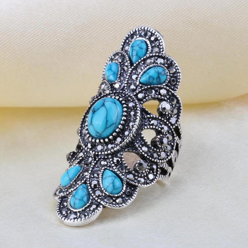 Vintage Inlaid Turquoise Rhinestone Finger Ring Hollow Party Symmetric Jewelry