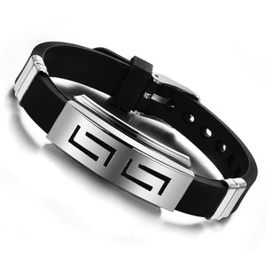 Fashion Men Punk Rubber Stainless Steel Wristband Clasp Cuff Bangle Bracelet
