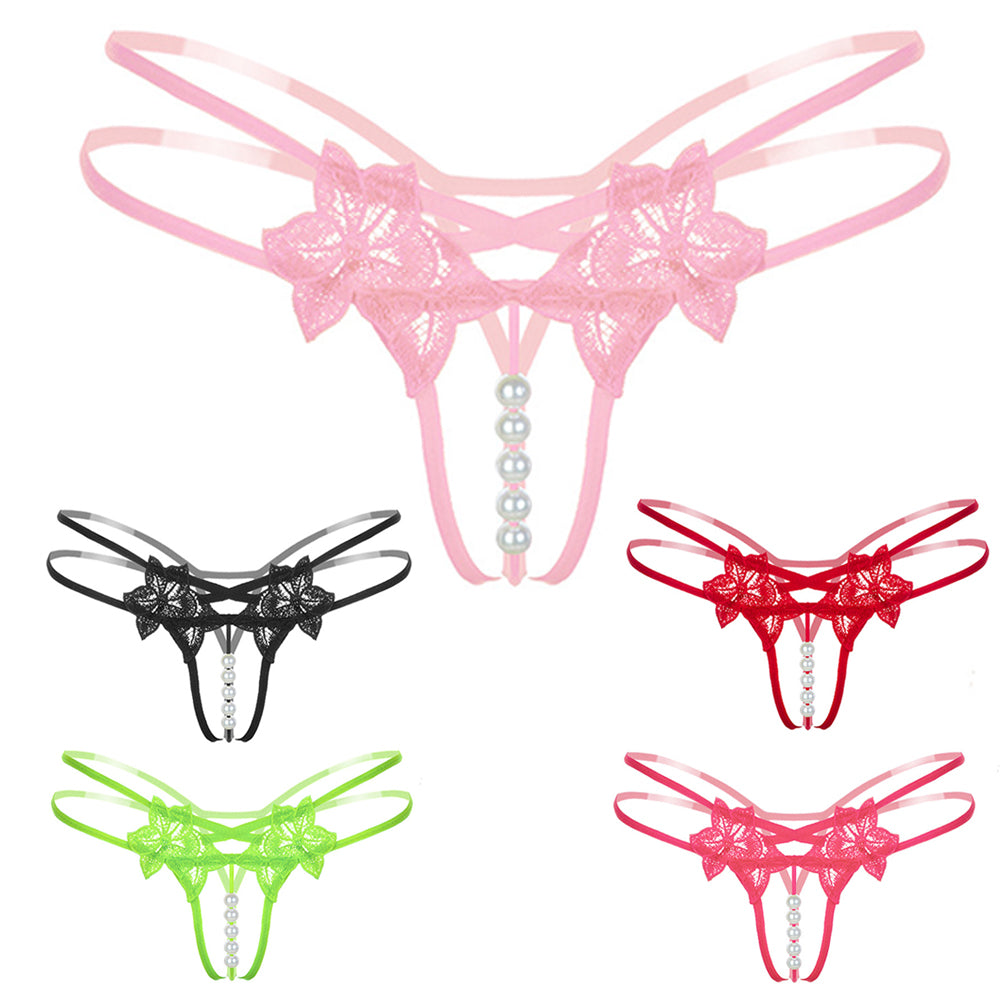 Sexy G-String Floral Lace Strap Thong Imitation Pearl Women Honeymoon Underwear