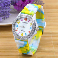 Women's Geneva Rhinestone Inlaid Rainbow Color Silicone Band Quartz Wrist Watch