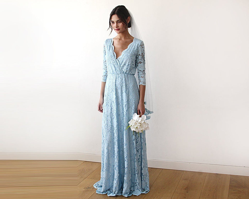 Light Blue Lace three quarters Sleeve Wedding maxi dress 1124