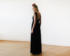 Black Lace Sleeveless Open Back Maxi Dress 1141