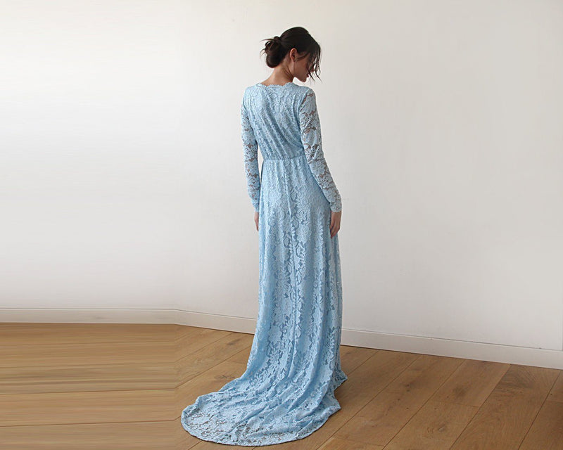 Light Blue  Wrap Floral Lace Long Sleeve Gown with a Train 1151