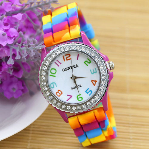 Women's Geneva Rhinestone Inlaid Rainbow Color Silicone Band Quartz Wrist Watch