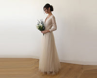 Champagne  Tulle and Lace Long Sleeve Wedding Maxi Dress 1125