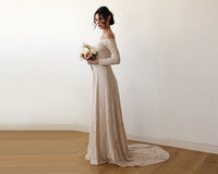 Champagne Off-The-Shoulder Floral Lace Long Sleeve Gown With Train 1148