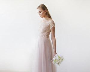 Lace off-shoulders short sleeves maxi blush tulle dress 1139