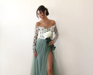Off-Shoulder Floral And Champagne Tulle Dress With A Slit 1176