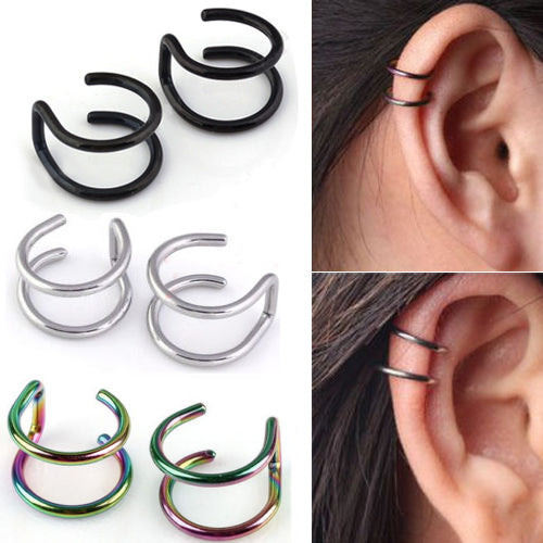 Stainless Steel 2-Row Fake Cartilage Ear Nose Lip Cuff Clip On Earrings Gift