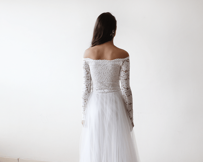 Off-The-Shoulder Ivory Lace and Tulle Wedding Maxi Dress 1134