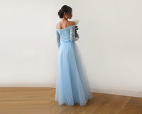 Light Blue  Off-The-Shoulder Lace and Tulle Maxi Dress 1134