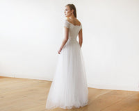 Ivory Off-The-Shoulder Short Sleeves Lace Maxi Tulle Gown 1139