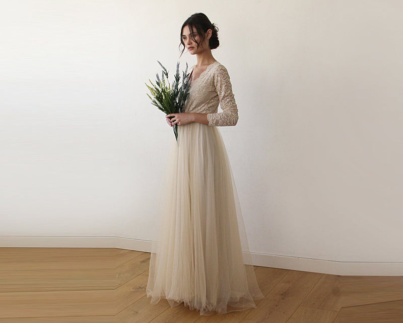 Champagne  Tulle and Lace Long Sleeve Wedding Maxi Dress 1125